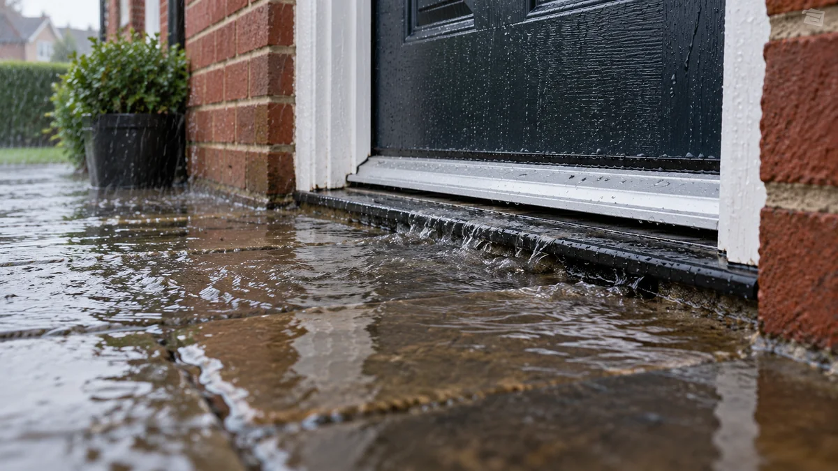A sloped driveway directs surface runoff towards a low doorway; a drainage channel needs an outlet before water reaches the building.