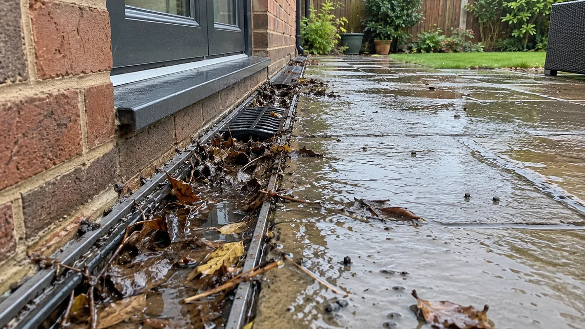 Patio channel drainage: paving should slope towards a trapped collection channel connected to a suitable, permitted outfall.