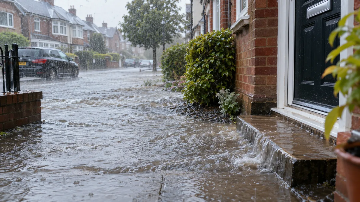 Flood water gathering near homes during heavy rainfall